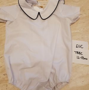TBBC shirt sleeve White peter pan onesie  with navy trim collar 12-18m